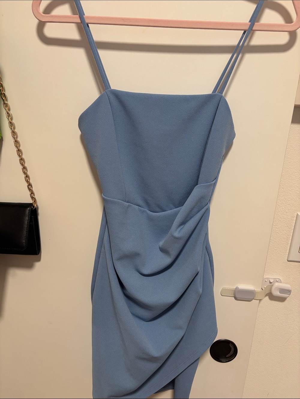 Spaghetti Strap Draped Mini Dress in Light Blue